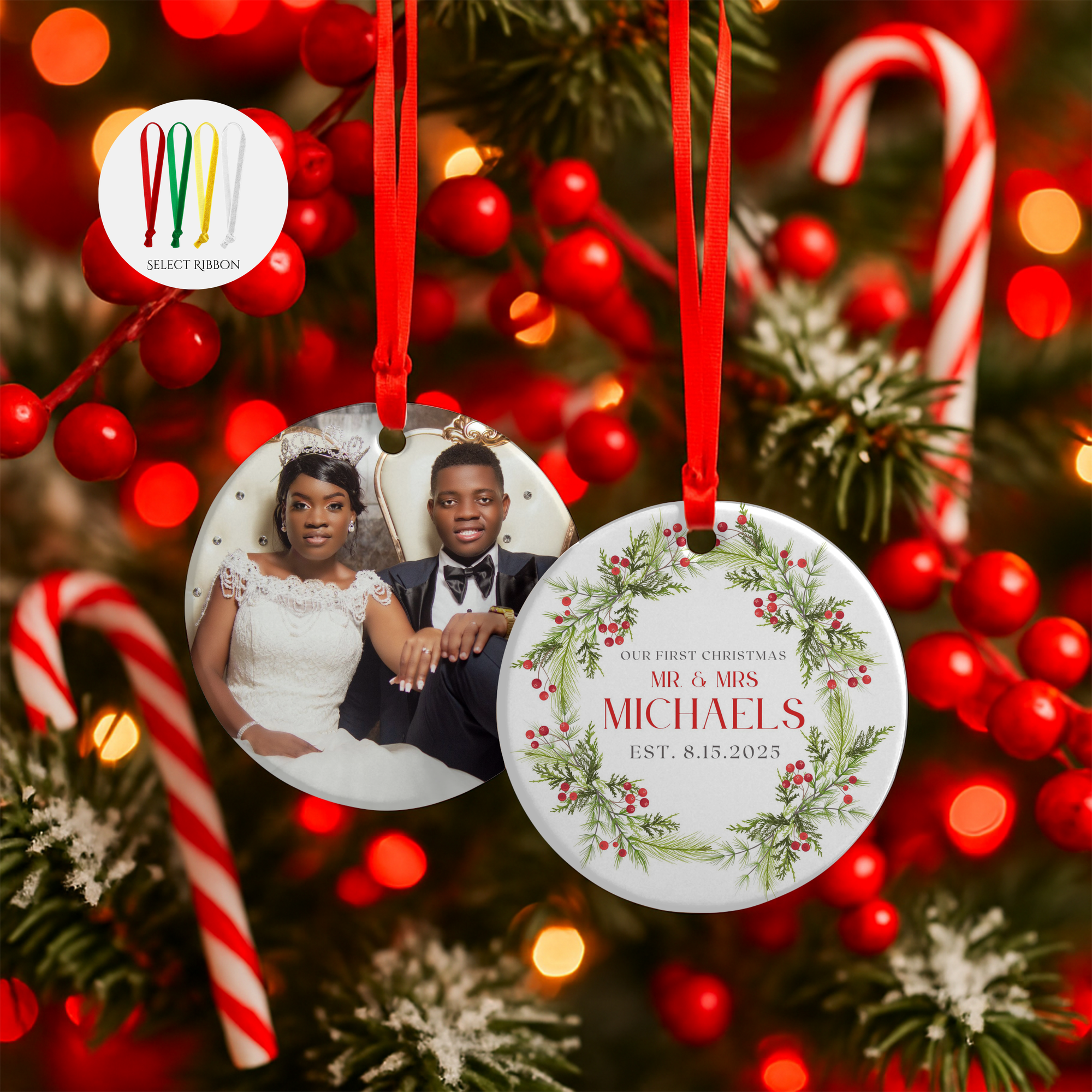 Mr. & Mrs Christmas Ornament - Cranberry Wreath